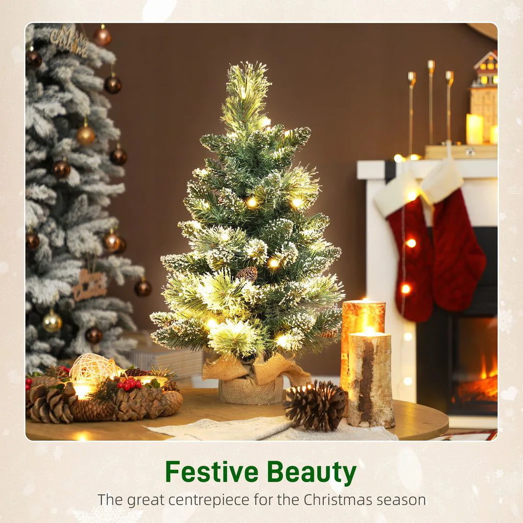 60 cm Prelit Small Christmas Tree, Snow Flocked Tabletop Mini Xmas Tree with 35 LED Lights, Pine Cones and Linen Cover Base, Battery Operated, Green
