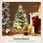 60 cm Prelit Small Christmas Tree, Snow Flocked Tabletop Mini Xmas Tree with 35 LED Lights, Pine Cones and Linen Cover Base, Battery Operated, Green