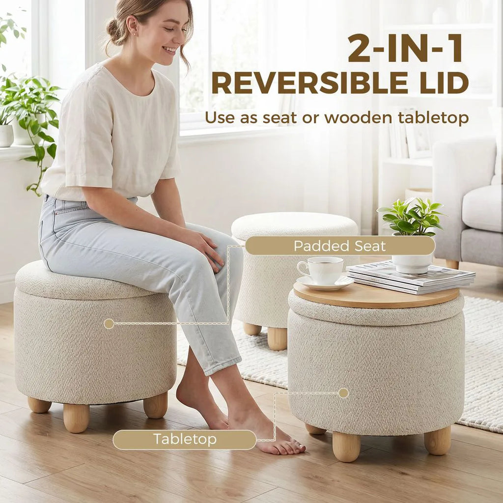 Storage Sitting Bench with Lid, Round Storage Ottoman with Rubberwood Legs, Beige