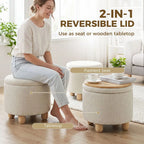 Storage Sitting Bench with Lid, Round Storage Ottoman with Rubberwood Legs, Beige
