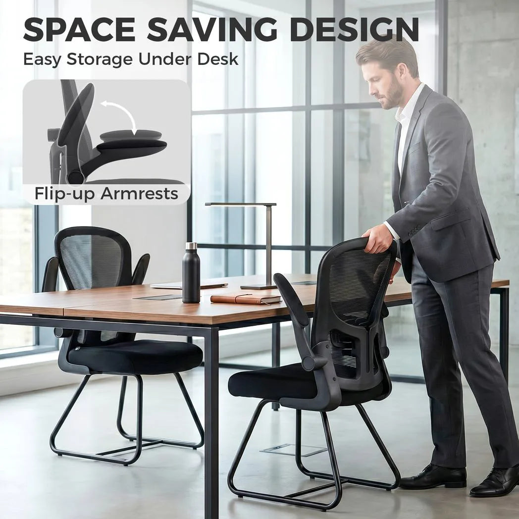 Reception Chair, Conference Meeting Office Chair with Flip-up Armrest, Mesh Backrest, Lumbar Support and Metal Base