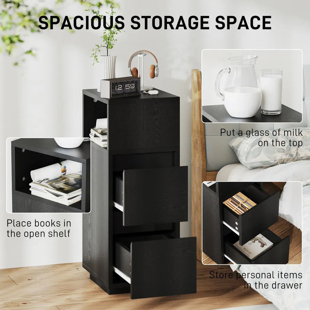 Slim Bedside Table with 2 Drawers — Black, 25cm Wide