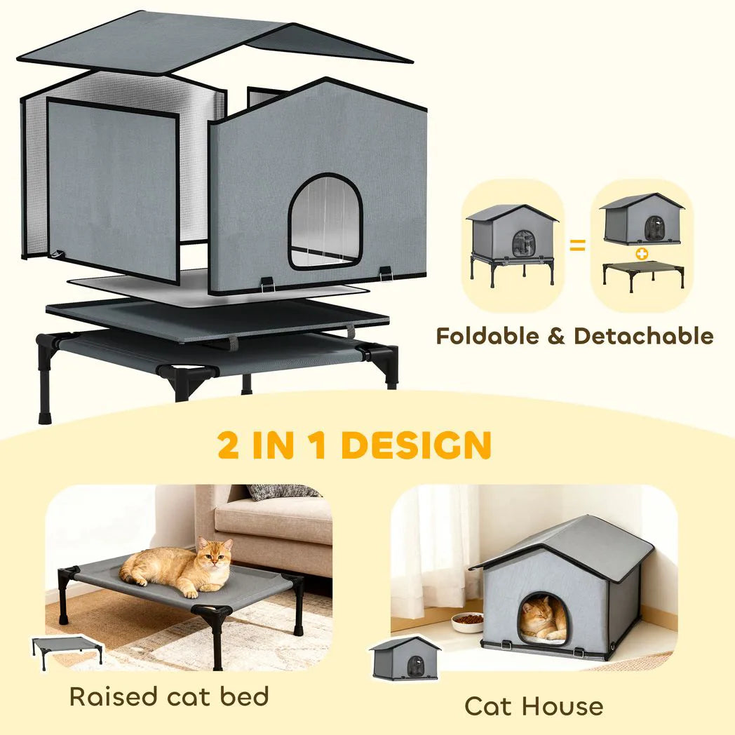 PawHut Outdoor Cat House, Waterproof Insulated Cat Kennel with Elevated Base, Foldable Feral Kitty Shelter for Kittens, Grey