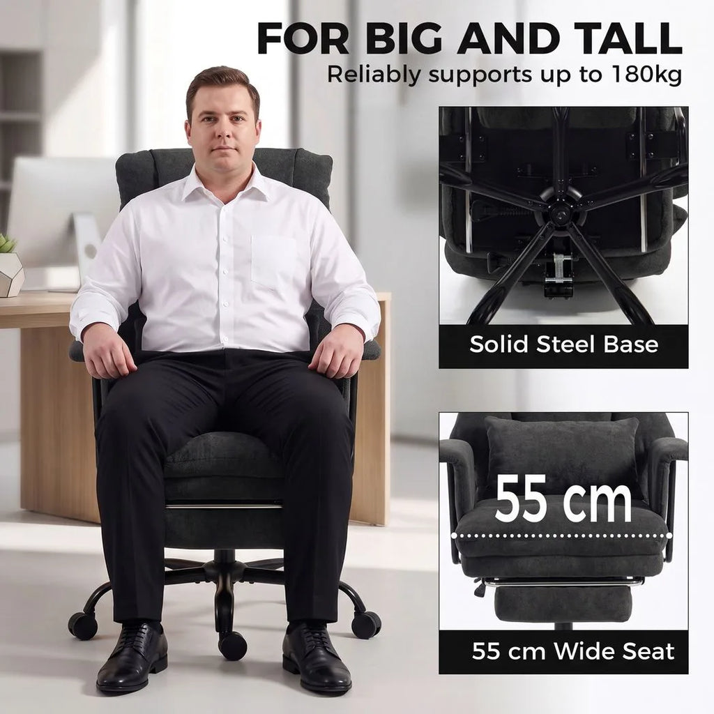 Office Chair, 180kg Heavy Duty Linen Computer Desk Chair with Lumbar Support, Wide Seat, Spring Cushion, Black