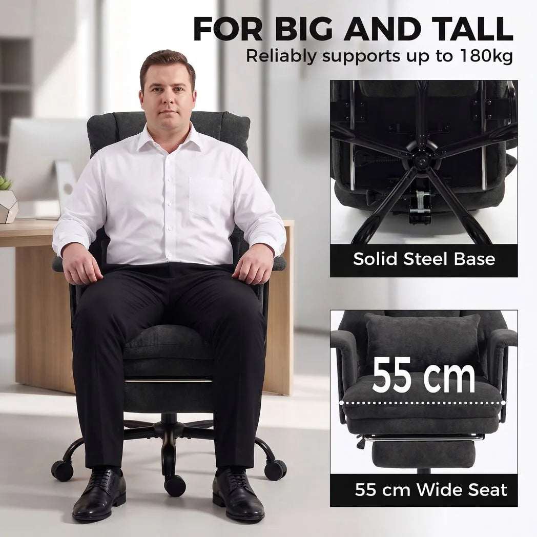 HOMCOM Office Chair, 180kg Heavy Duty Linen Computer Desk Chair with Lumbar Support, Wide Seat, Spring Cushion, Black