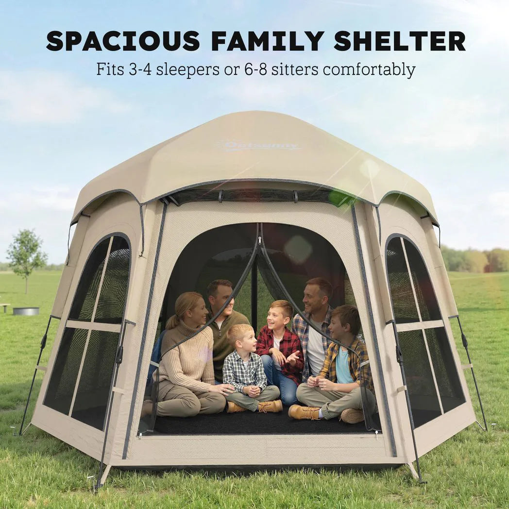 Outsunny Pop Up Tent 3000mm Waterproof Instant Camping Tent 3-4 Person with 2 Doors 4 Windows Khaki