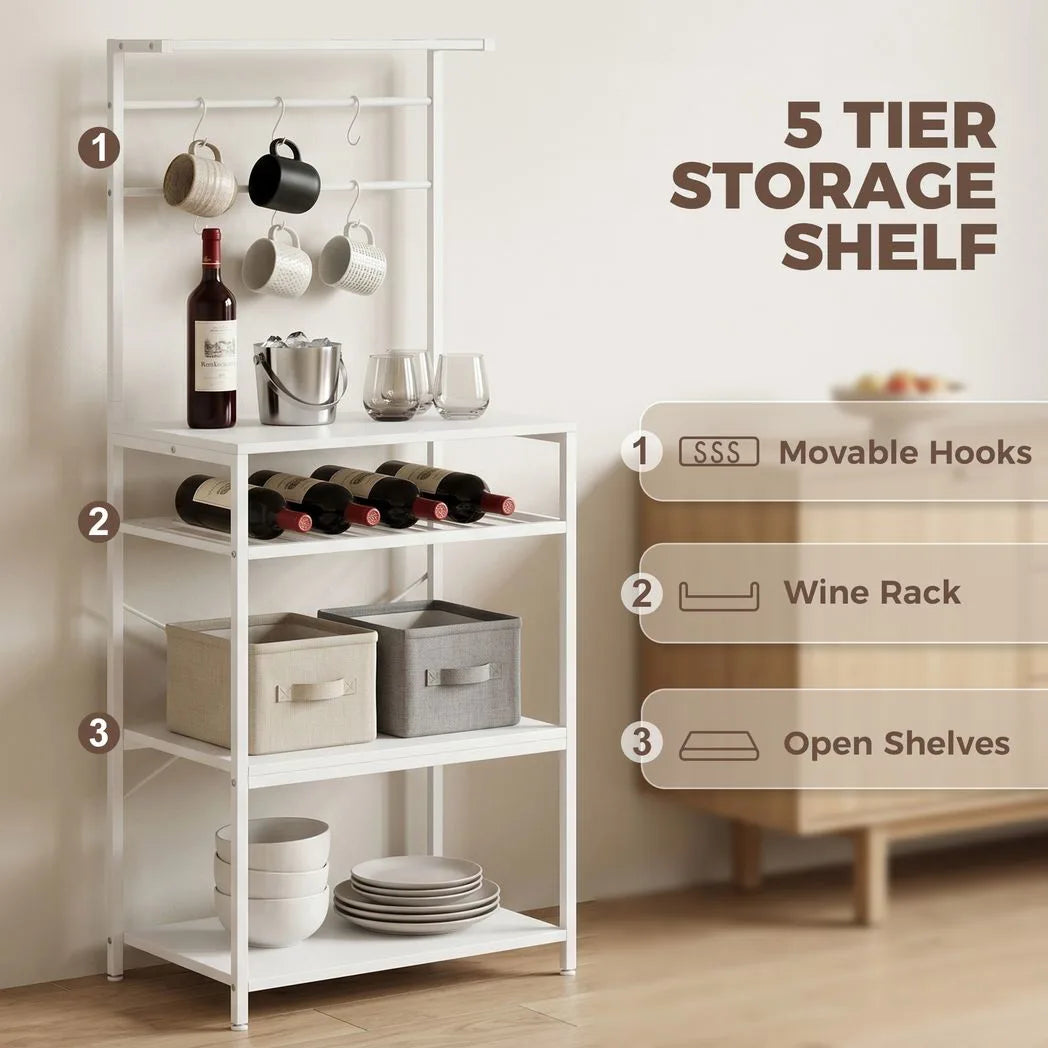 Freestanding Shelving Unit, Industrial Storage Shelf with 6 Hooks and Wine Rack for Living Room, Home Office, White