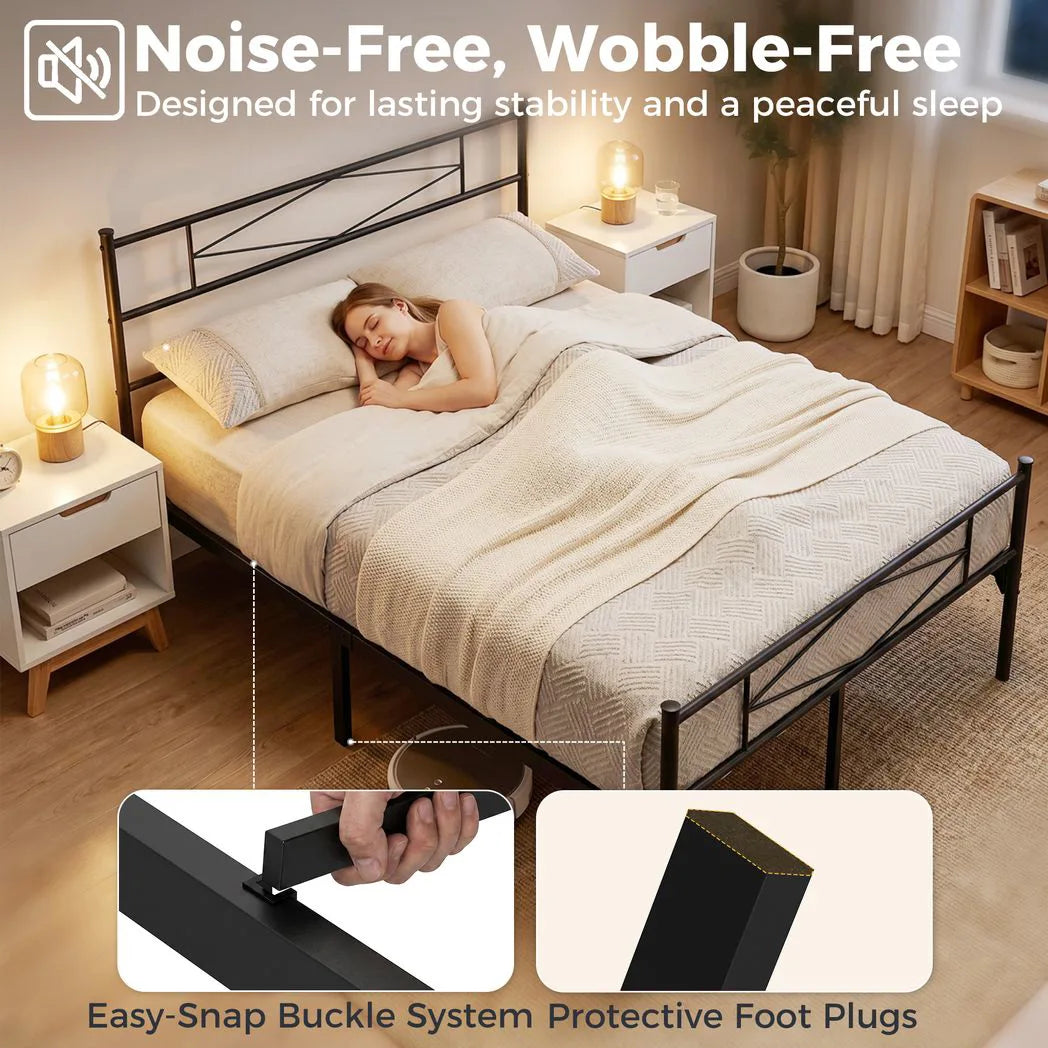 4ft6 Double Bed Frame with Headboard and Footboard, Metal Platform Bed Frame with 32 cm Underbed Storage, Black