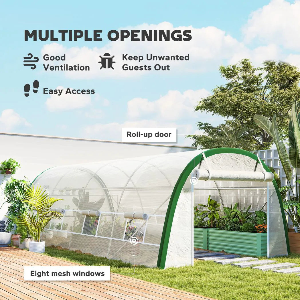 Outsunny Walk-in Polytunnel Greenhouse Tunnel Warm House Tent with Zipped Doors, 8 Mesh Windows, PE Cover, 6 x 3 m, White
