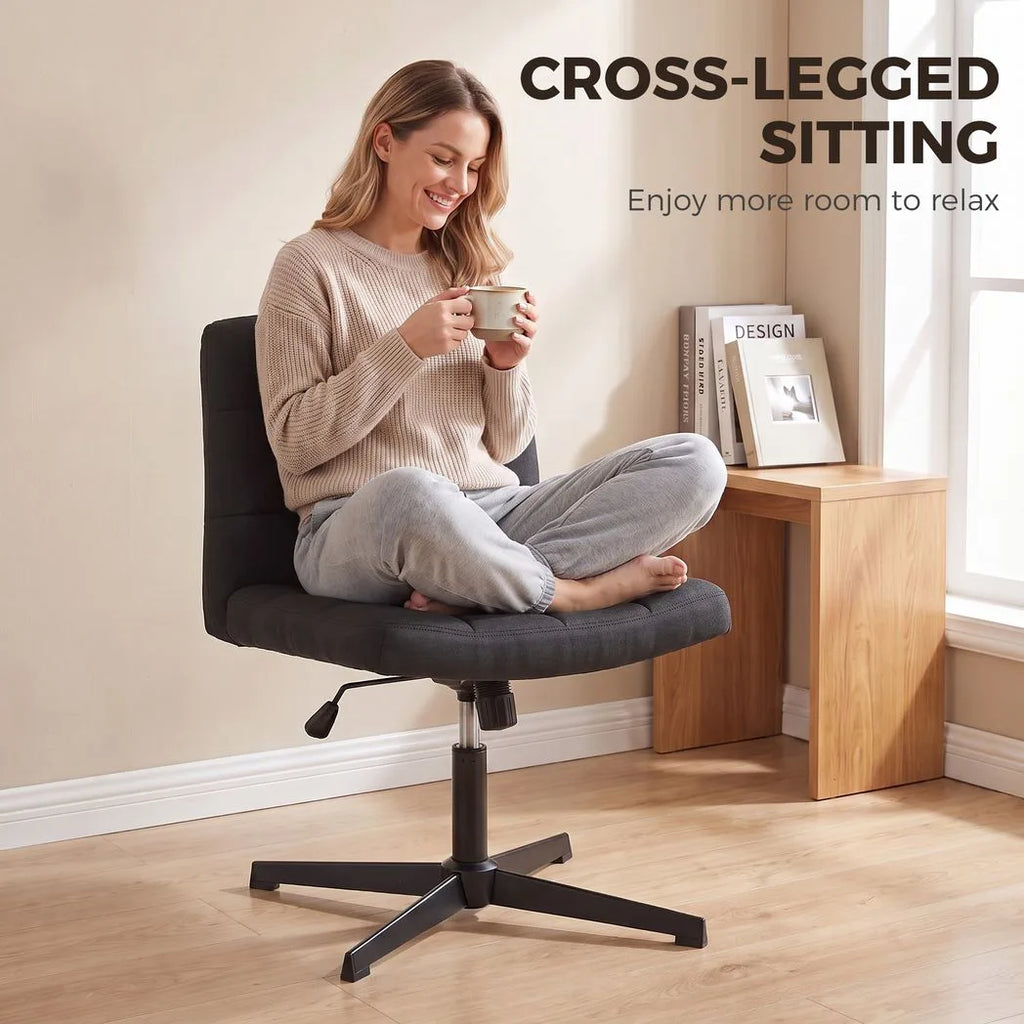 Armless Office Chair, Cross Legged Linen Computer Desk Vanity Chair with Wide Seat, Rocking Function, Black