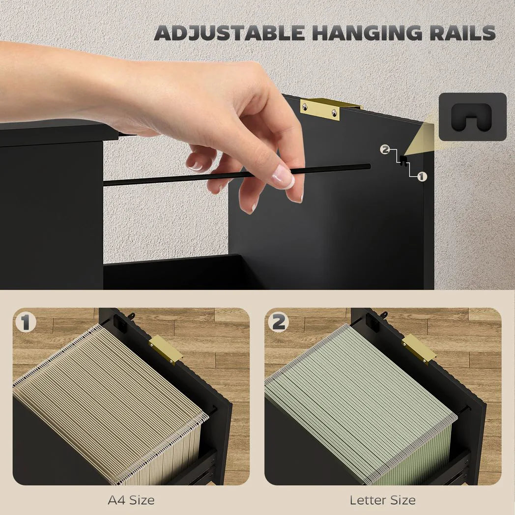 Filing Cabinet, Fluted Vertical File Cabinet with 2 Lockable Drawers and Hanging Rails, Black