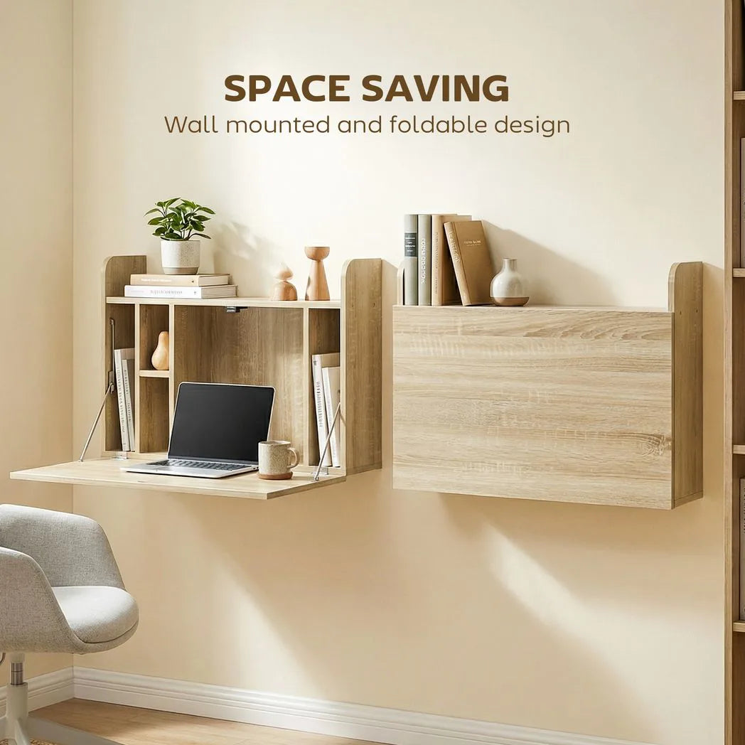 Wall Mounted Desk, Drop Leaf Floating Laptop Desk with Space Saving Storage Compartments for Home Office, Oak