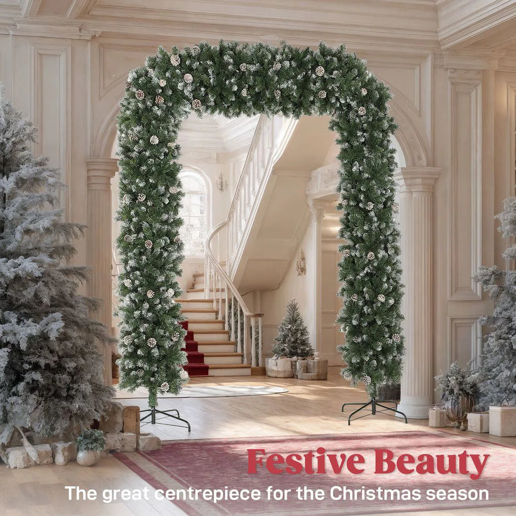 HOMCOM 8.2 ft Snow Frosted Christmas Tree Arch, Christmas Arch Doorway Decor with 1800 Tips and 91 Pinecones, Artificial Xmas Tree with Metal Stand for Indoor, Green