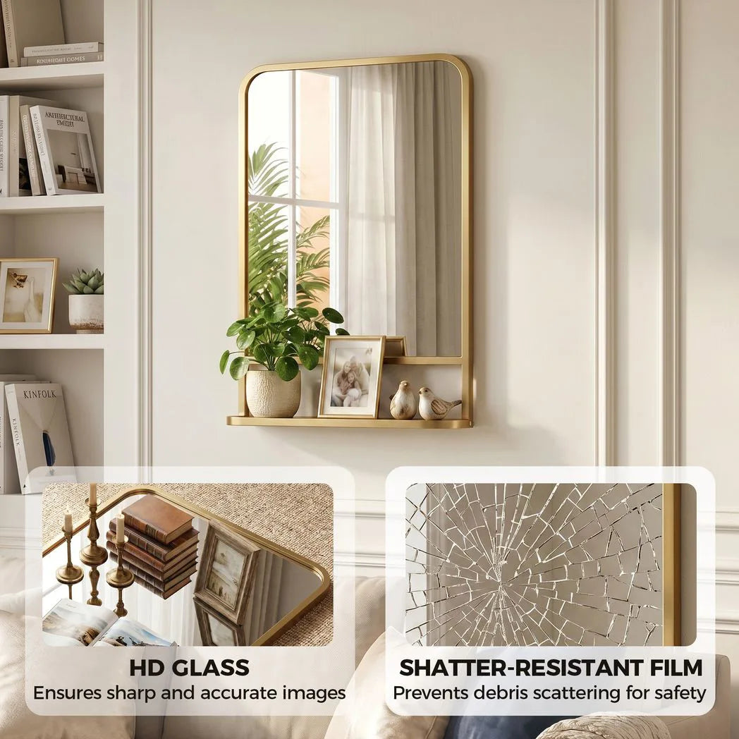 Modern Rectangular Wall Mirror with Storage Shelf, 70 x 50 cm, Gold Tone