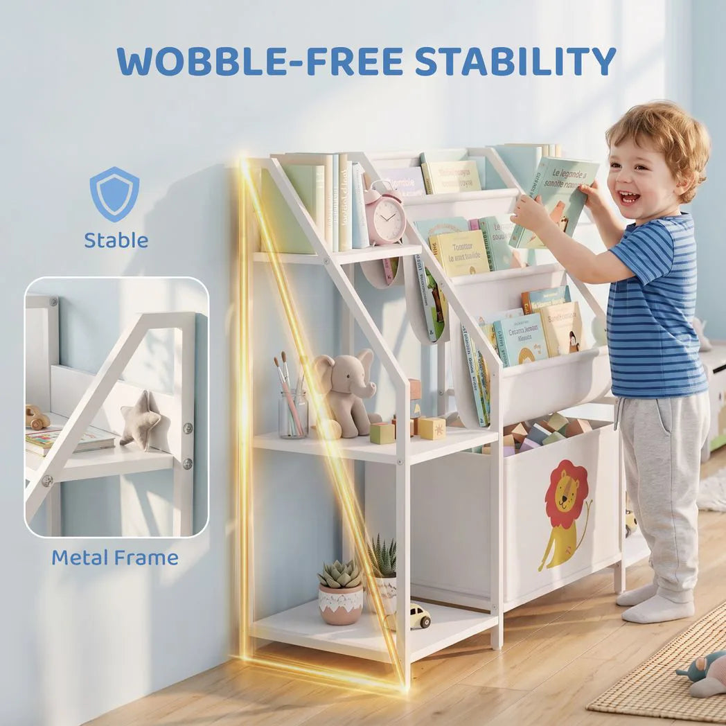 AIYAPLAY Kids Bookshelf and Toy Storage with 3-Tier Sling Book Rack and Fabric Drawer for Nursery, Bedroom, Playroom, White