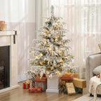 4ft Prelit Flocked Christmas Tree, Artificial Snow Flocked Spruce with 160 Warm White LED Lights, 8 Modes, Green