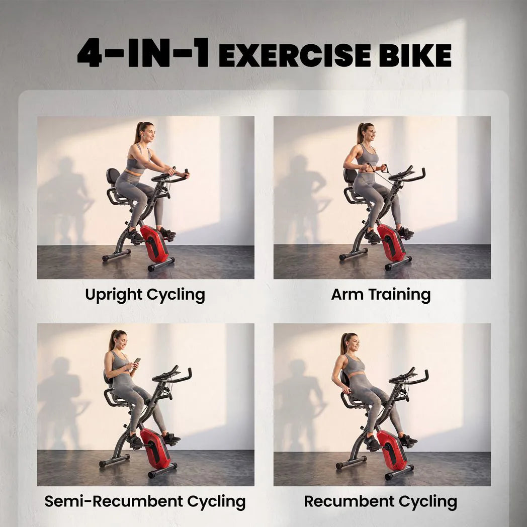 SPORTNOW 4-In-1 Folding Exercise Bike with Resistance Bands, Bluetooth App, 8-Level Magnetic Resistance, LCD Display, Red