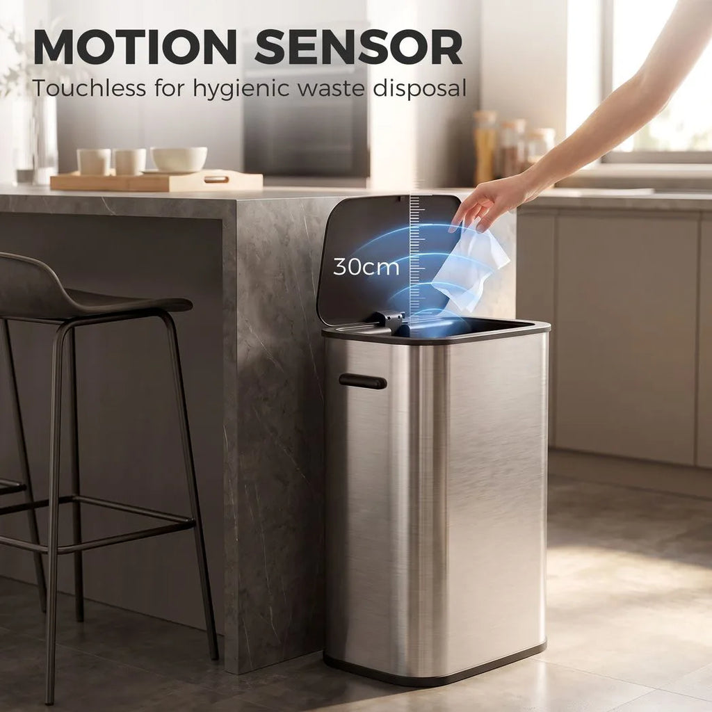 55L Sensor Bin for Kitchen, Touchless Automatic Waste Rubbish Bin, Stainless Steel, Battery Operated, Silver Tone