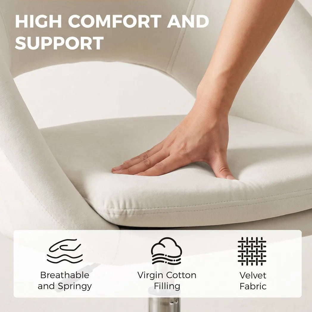 HOMCOM Velvet Desk Chair, Modern Office Chair with Height-Adjustable, Wheels, for Home Study Bedroom, Cream