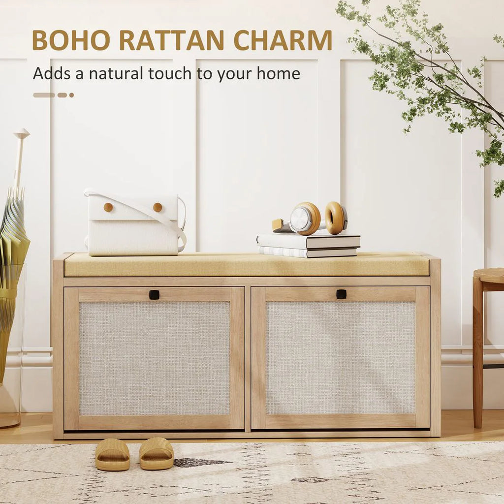 Rattan Shoe Bench with Padded Cushion and 2 Cabinets for Hidden Storage, Oak Wood Effect