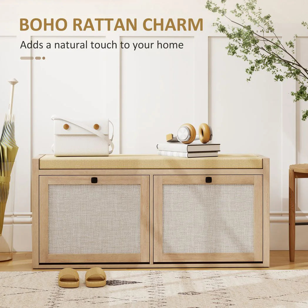 Rattan Shoe Bench with Padded Cushion and 2 Cabinets for Hidden Storage, Oak Wood Effect