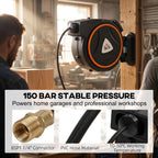 Auto Rewind Hose Reel, Retractable Air Hose Reel 15 m and 1.5 m, 150 Bar with 1/4" BSPT Connector, Black