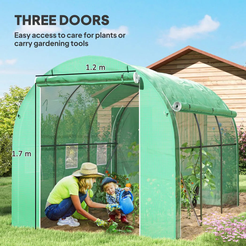 Outsunny 296 x 196cm Steel Frame Polytunnel Greenhouse - Green