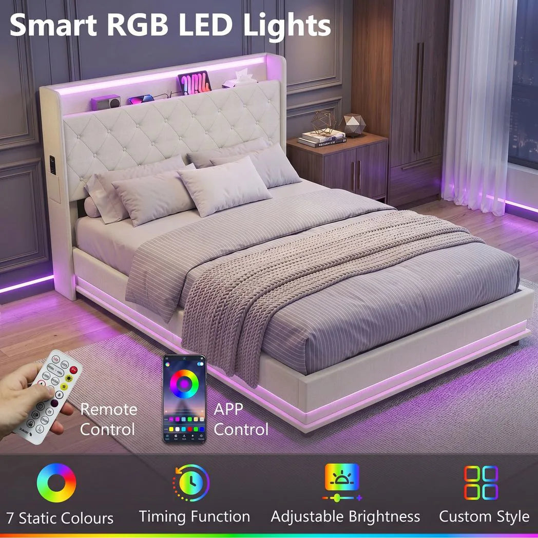 4ft6 Double Bed Frame with Headboard, Platform Bed Frame with Hydraulic Storage, LED Lights and Charging Station, Cream
