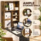 Folding Wall-Mounted Drop-Leaf Table, Convertible Wall Table With Chalkboard and Storage Shelf, Rustic Brown