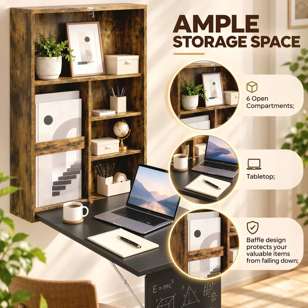 Folding Wall-Mounted Drop-Leaf Table, Convertible Wall Table With Chalkboard and Storage Shelf, Rustic Brown
