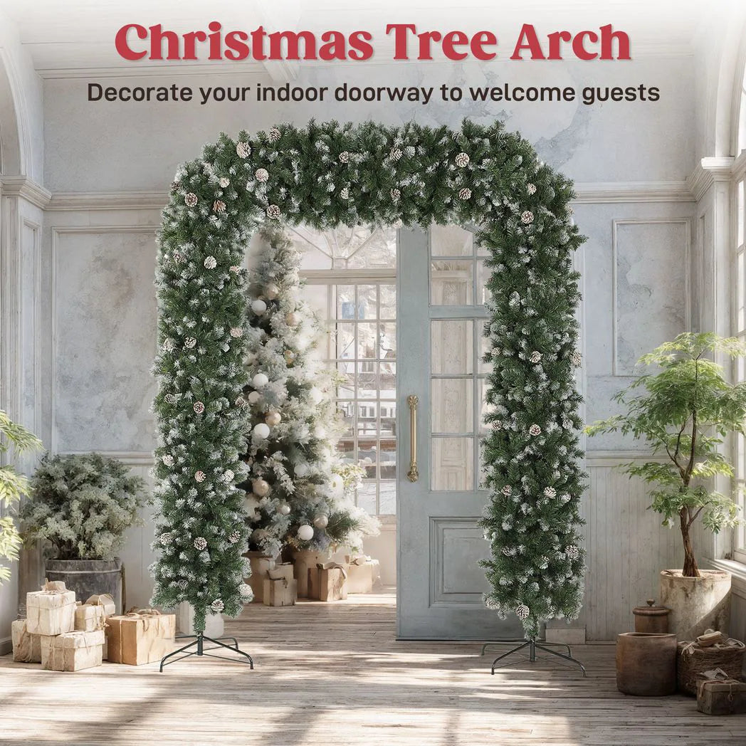 HOMCOM 8.2 ft Snow Frosted Christmas Tree Arch, Christmas Arch Doorway Decor with 1800 Tips and 91 Pinecones, Artificial Xmas Tree with Metal Stand for Indoor, Green