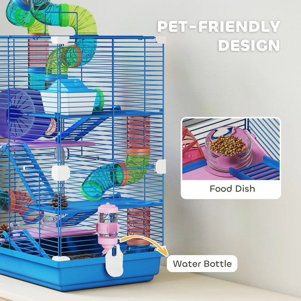 PawHut 5 Tier Hamster Cage Carrier Habitat with Exercise Wheels, Tunnel, Blue