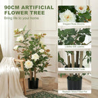 90cm Artificial Rose Tree, Decorative Fake Plant with 344 Silk Leaves 17 Flowers for Outdoor Indoor Decor, White