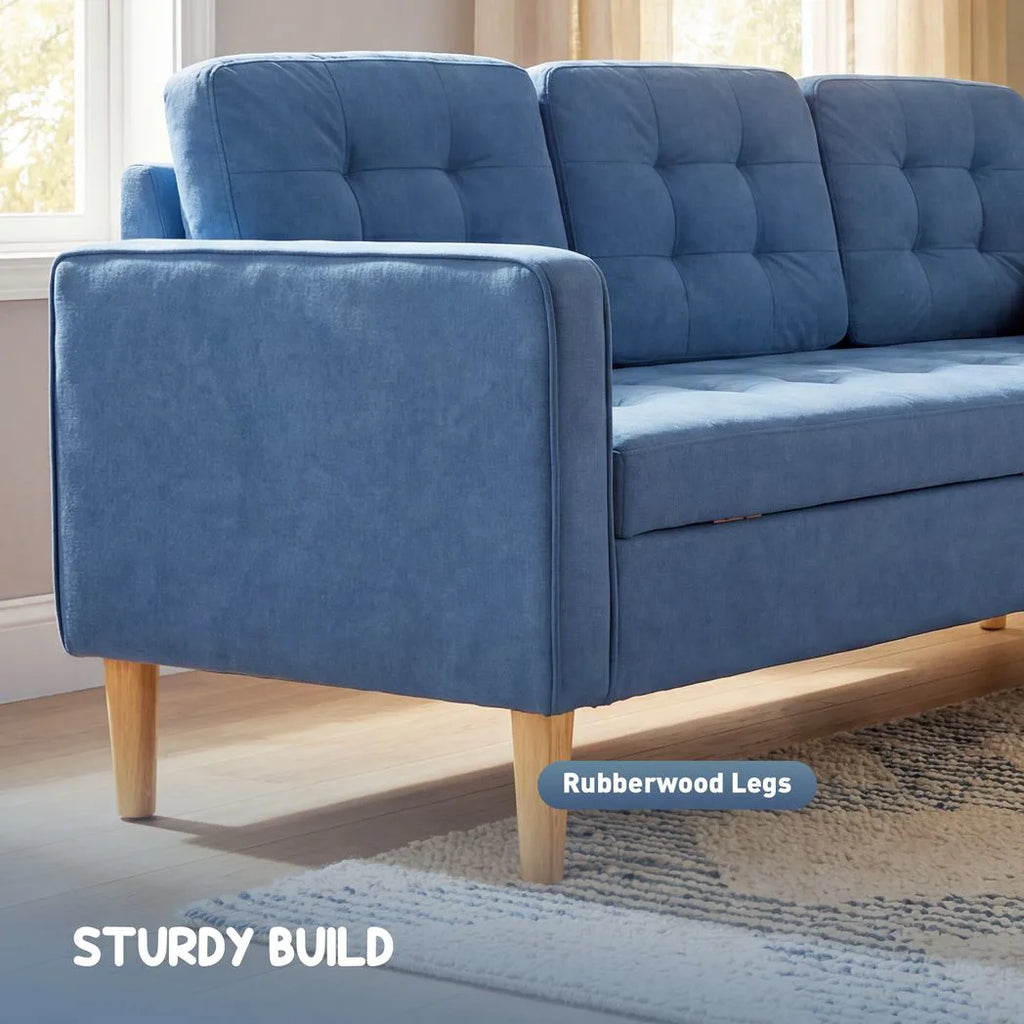 3 Seater Sofa, 169cm Couch with Hidden Storage, Wood Legs, Blue