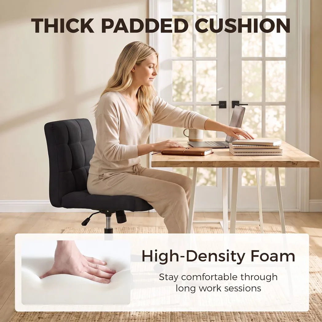 Armless Office Chair, Cross Legged Linen Computer Desk Vanity Chair with Wide Seat, Rocking Function, Black