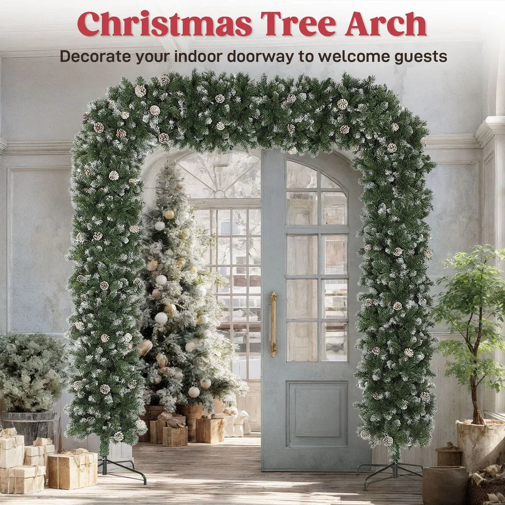 8.2 ft Snow Frosted Christmas Tree Arch, Christmas Arch Doorway Decor with 2100 Tips and 96 Pinecones, Artificial Xmas Tree with Metal Stand for Indoor, Green