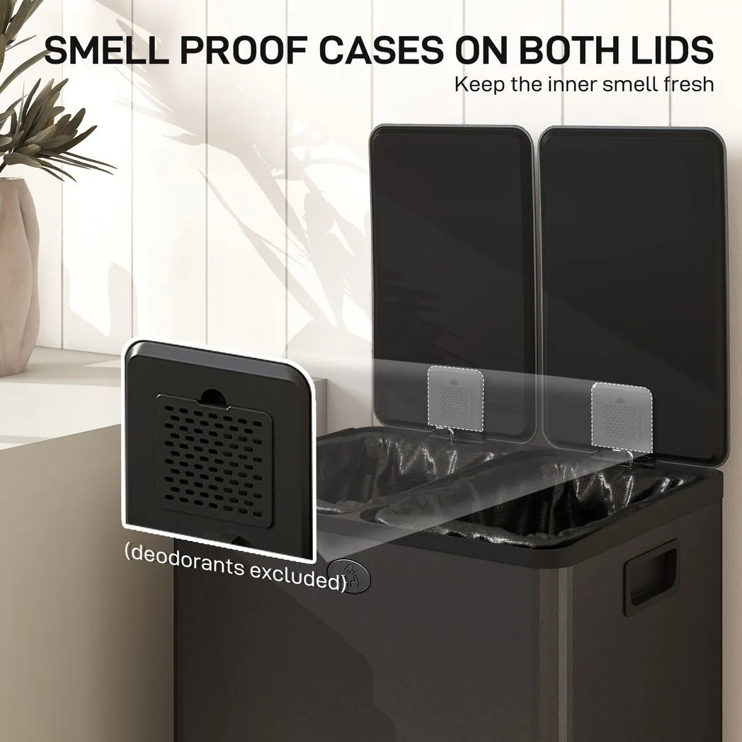 56L Dual Compartment Stainless Steel Bin, with Deodoriser Holders - Black