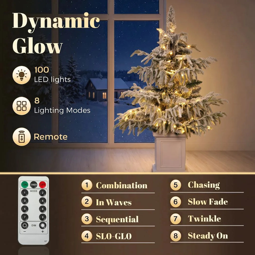 3ft Prelit Flocked Christmas Tree, Artificial Snow Flocked Spruce with 100 Warm White LED Lights, 8 Modes, Green
