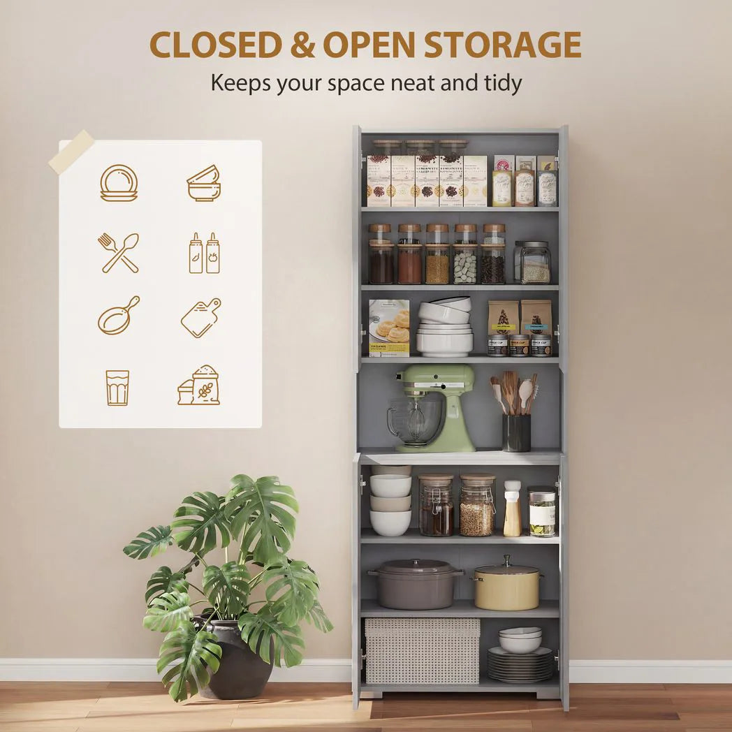 180 cm Tall Kitchen Cupboard, Pantry Storage Cabinet with Soft Close Doors and Adjustable Shelves, High Gloss Grey