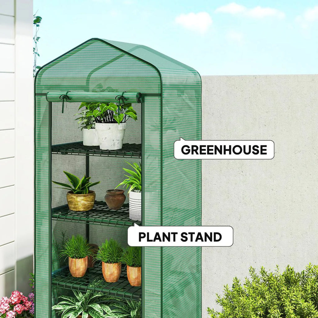 Outsunny 4 Tier Mini Portable Greenhouse Compact Plant Grow Shed Metal Frame PE Cover with Lockable Rolling Wheels , Green