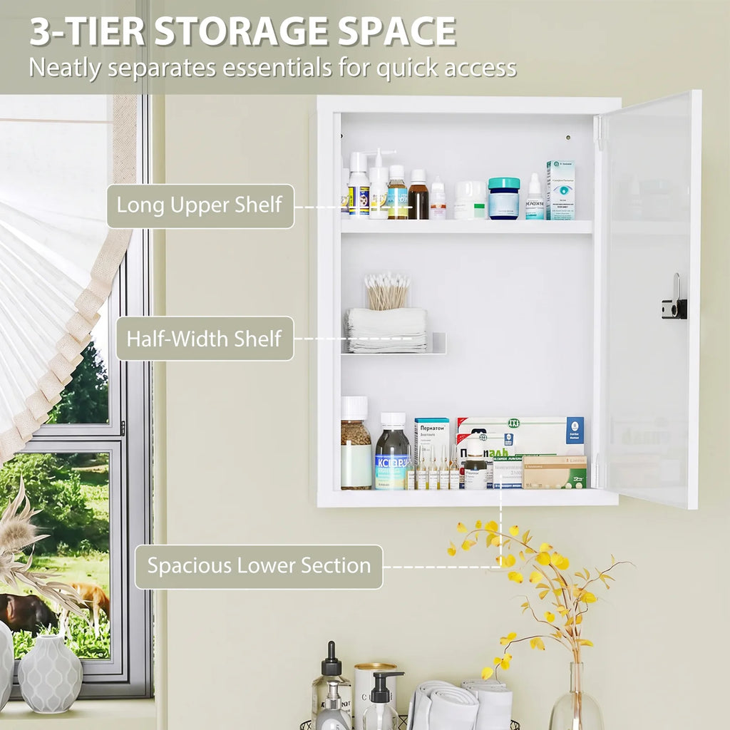 Wall Mount Medicine Cabinet, Bathroom Cabinet with Combination Lock, Door and Storage Shelves, White