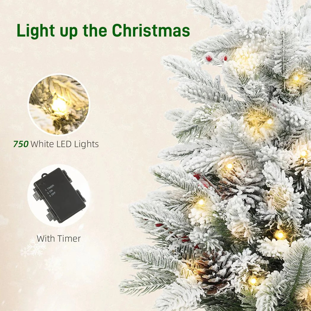 60 cm Prelit Small Christmas Tree with 35 LED Lights, Snow Flocked Tabletop Mini Xmas Tree with Pine Cones, Berry Clusters and Linen Cover Base, Battery Operated, Green