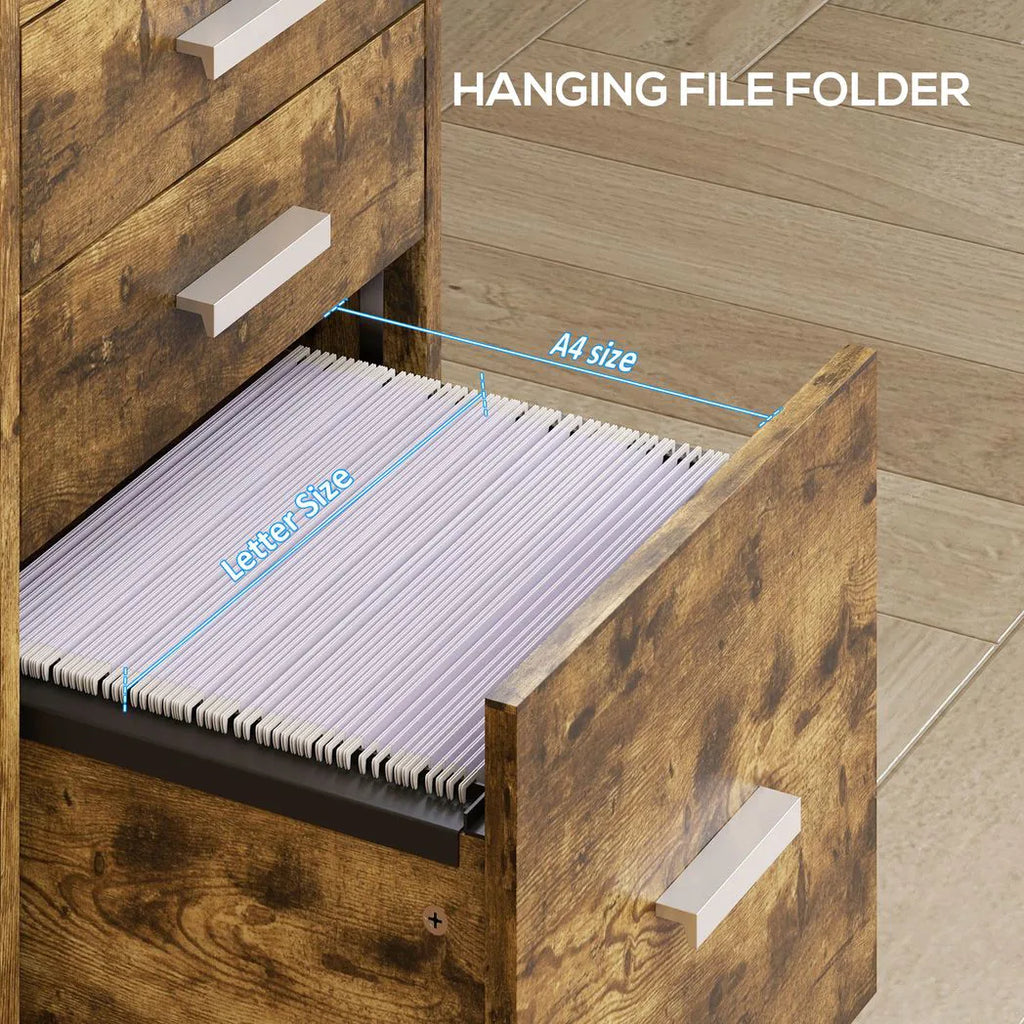 3 Drawer Filing Cabinet, Rolling File Cabinet with Edged Top for Letter, A4 Size, Hanging File Folders, Rustic Brown