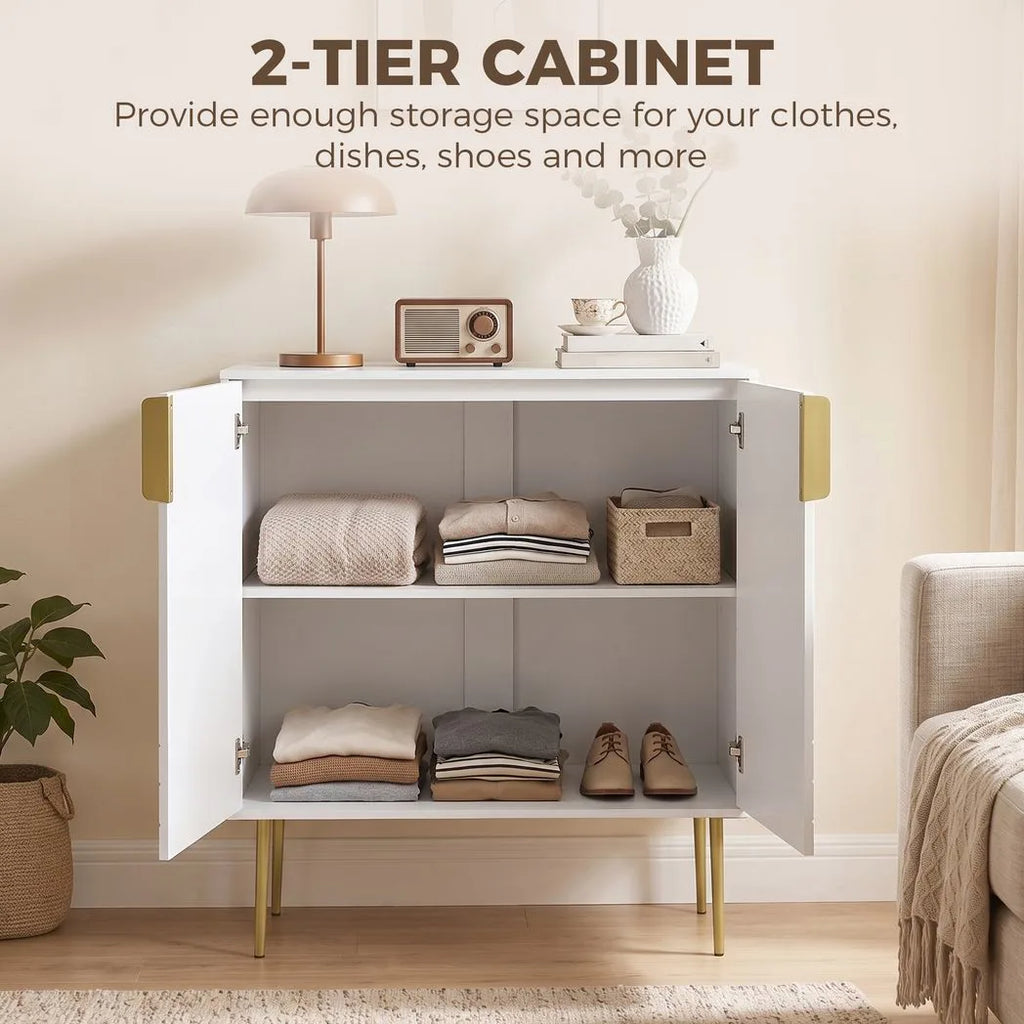 Modern Kitchen Cupboard, Storage Cabinet with 2 Doors, Adjustable Shelf and Metal Legs, White