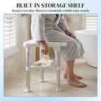 Shower Stool, Aluminium Alloy Corner Shower Chair with Storage Shelf and HDPE Seat, Adjustable Height, White