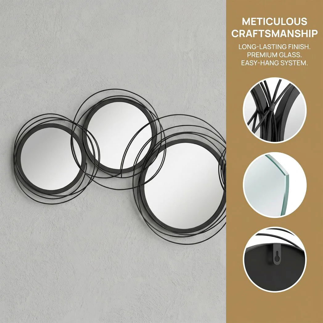 Metal Wall Art 56cm Modern Decorative Mirror Decor for Living Room Bedroom Dining Room, Black