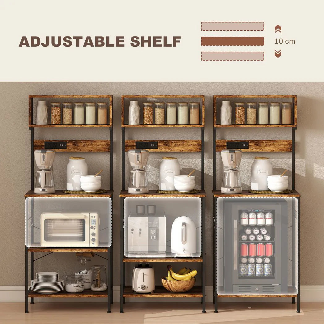 Kitchen Storage Rack, Bakers Rack with Power Outlet, USB Charger, Rustic Brown