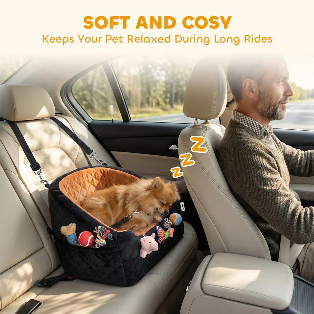 PawHut Dog Car Seat, Detachable Washable Dog Booster Seat with Thick Cushion, Seat Belt, Pockets for Small Under 10kg, Brown