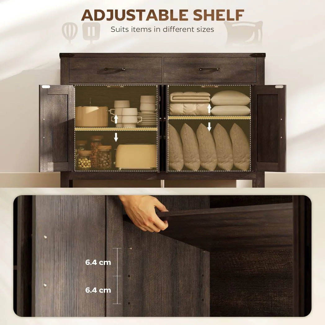 Kitchen Cupboard, Sideboard with 4 Doors, 2 Drawers and 2 Adjustable Shelves for Dining Room, Dark Brown