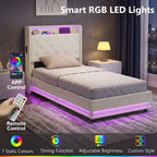 3ft Single Bed Frame with Headboard, Platform Bed Frame with Hydraulic Storage, LED Lights and Charging Station, White